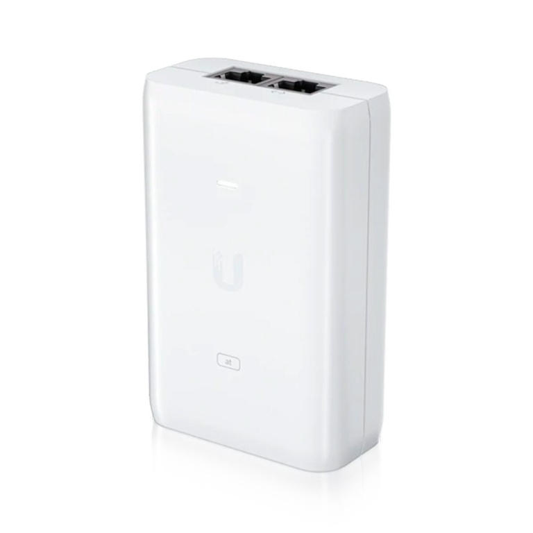 Adaptador Ubiquiti, compacto e branco, com duas portas Ethernet.