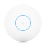 Ponto de acesso Ubiquiti, modelo UniFi, design circular e LED azul.