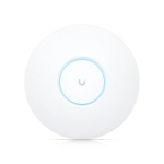 Ponto de acesso Ubiquiti UniFi, design circular com luz azul.