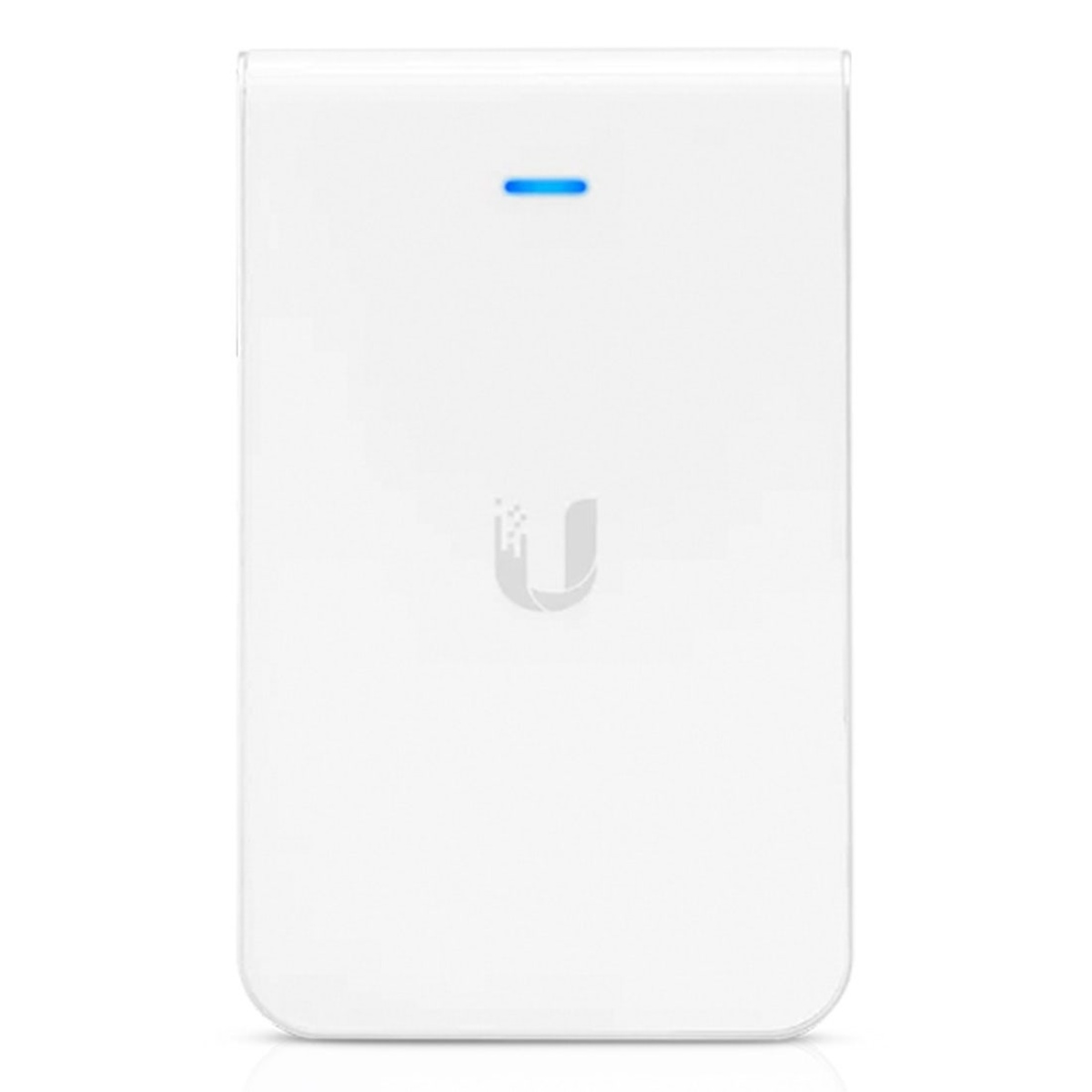 Ponto de acesso Ubiquiti, design compacto e elegante, luz azul indicativa.
