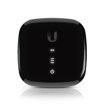 Roteador Ubiquiti com LEDs indicadores de status, design compacto e moderno.