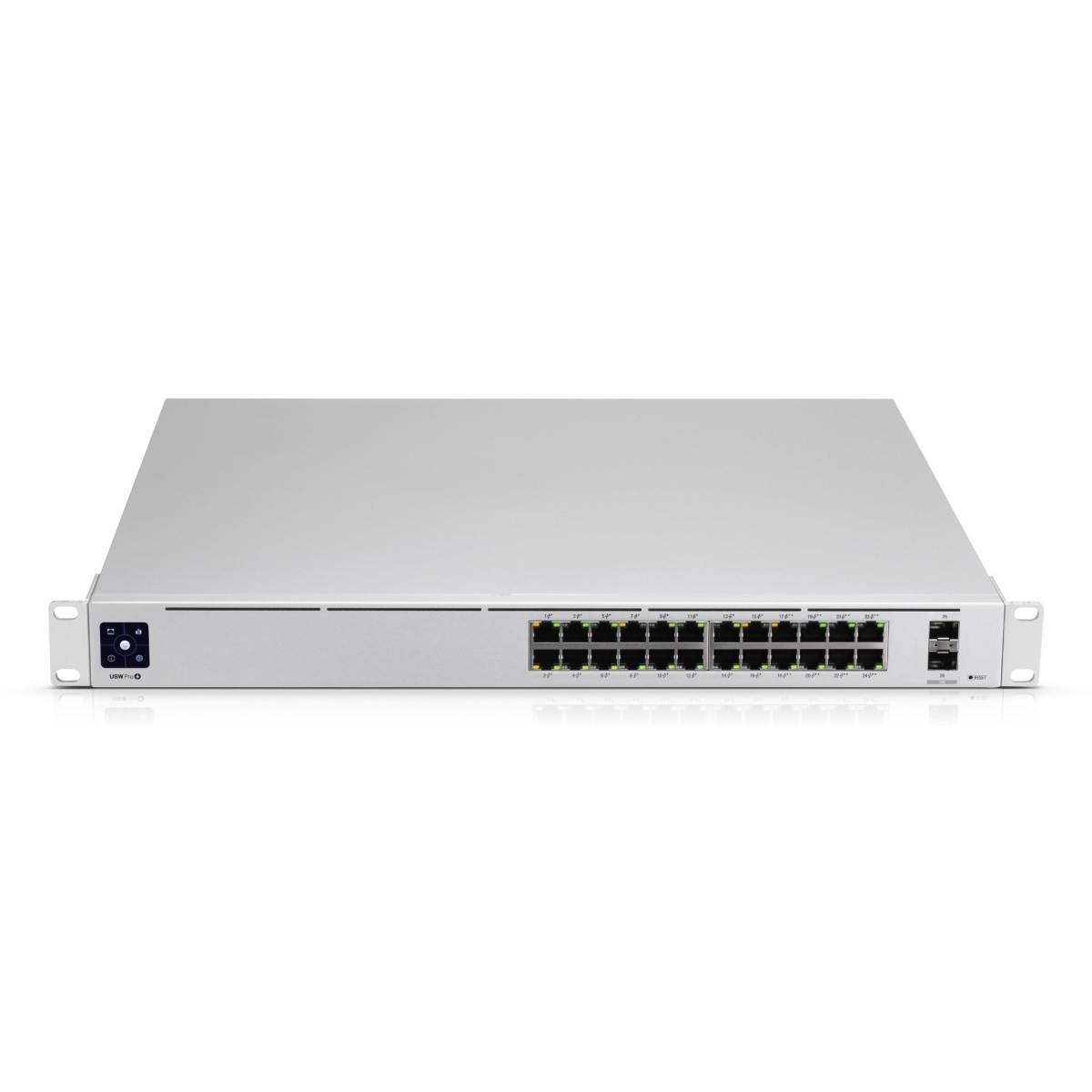 Switch de rede 16 portas, marca XYZ, design compacto em metal.