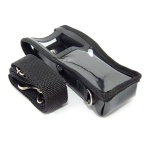 Suporte para celular com fita ajustável e visor transparente.