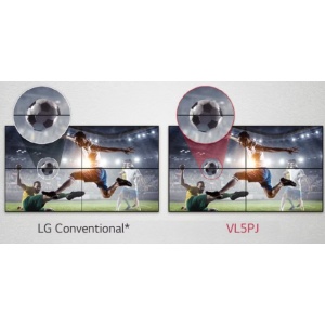 Redução das lacunas (gaps) da imagemA série VL5PJ inclui um algoritmo de melhoria de imagem que pode reduzir as lacunas de imagem entre displays em mosaico durante a reprodução de vídeos. Objetos localizados nas extremidades das bordas são ajustados para proporcionar uma experiência de visualização contínua.