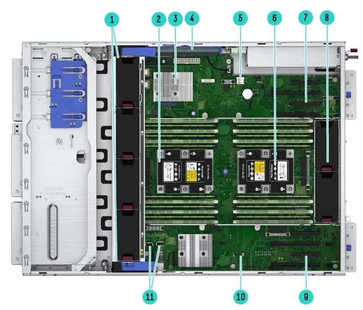 ML350_GEN10_1 Servidor com componentes internos numerados.