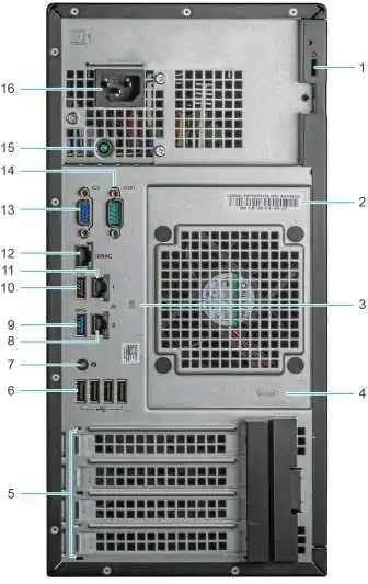 Figura 1. Visão frontal do sistema com 4 unidades de 3,5 polegadas 1. Botão liga/desliga 2. Indicador de ID e integridade do sistema 3. Porta USB 3,0 4. Porta micro USB do iDRAC Direct 5. Unidade óptica (opcional) Visão posterior do sistema
