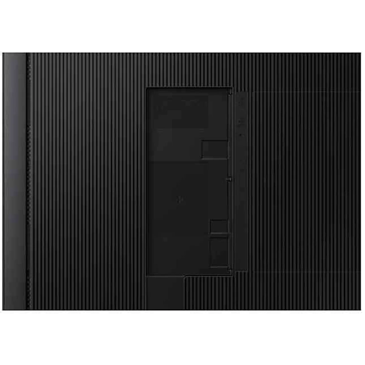 Gabinete de computador preto com design em ranhuras e painel lateral removível.