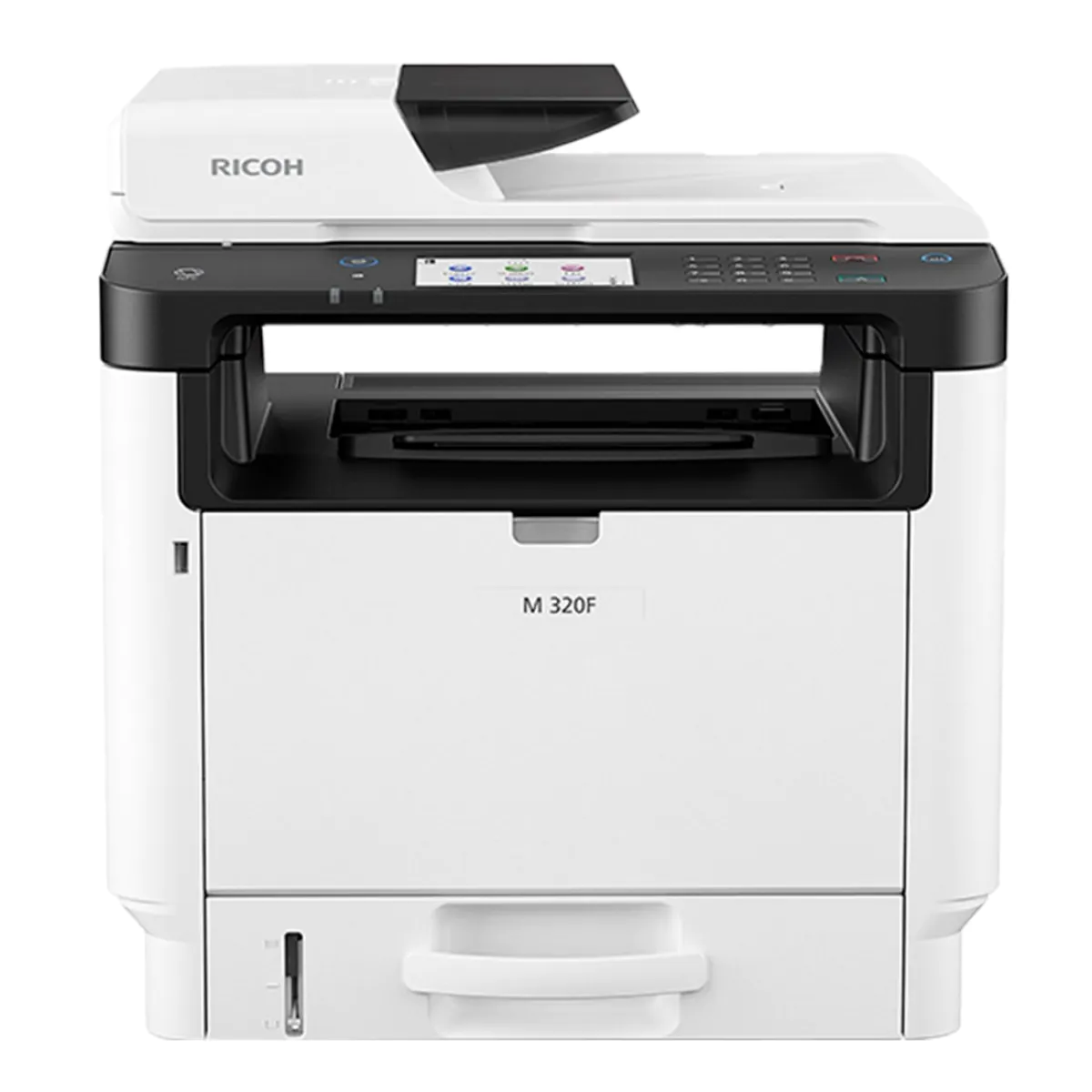 Impressora multifuncional Ricoh com scanner e bandeja de papel.