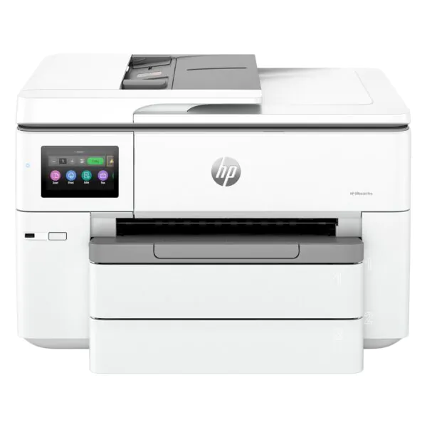 Impressora multifuncional HP com tela sensível ao toque e design moderno.