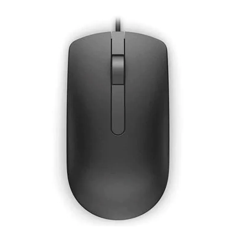 Mouse com fio preto, design ergonômico, ideal para uso diário.