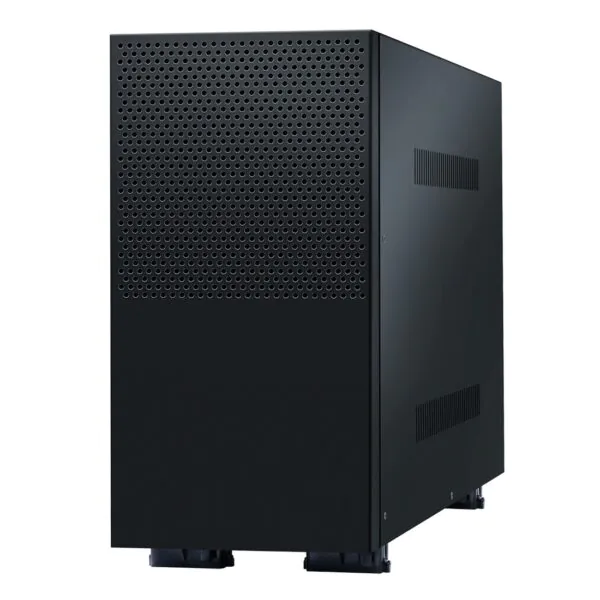 Gabinete de computador preto com design ventilado e pés elevados.