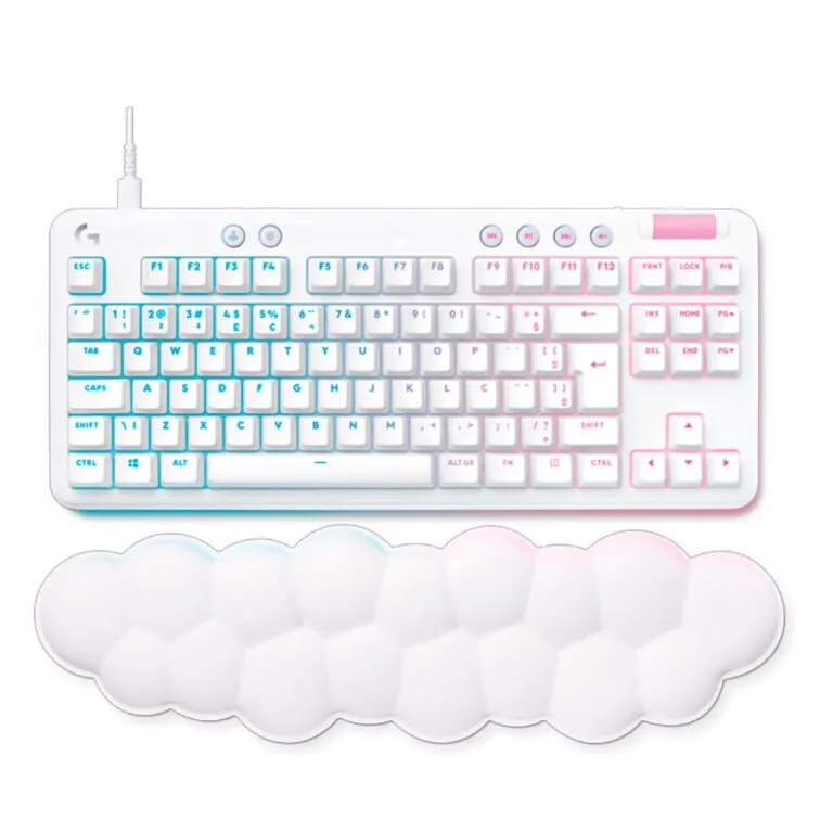 Teclado mecânico RGB branco da marca XYZ, com design elegante e retroiluminação colorida.