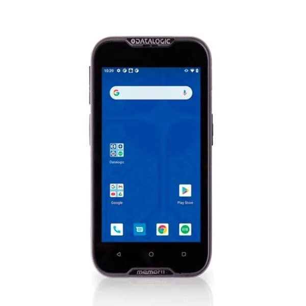 Smartphone robusto com tela azul e ícones de aplicativos visíveis.