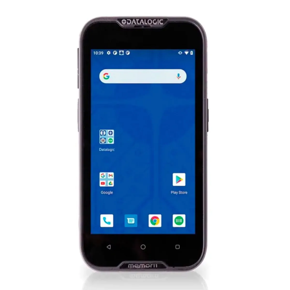 Smartphone resistente, modelo XYZ, com tela azul e ícones de aplicativos.