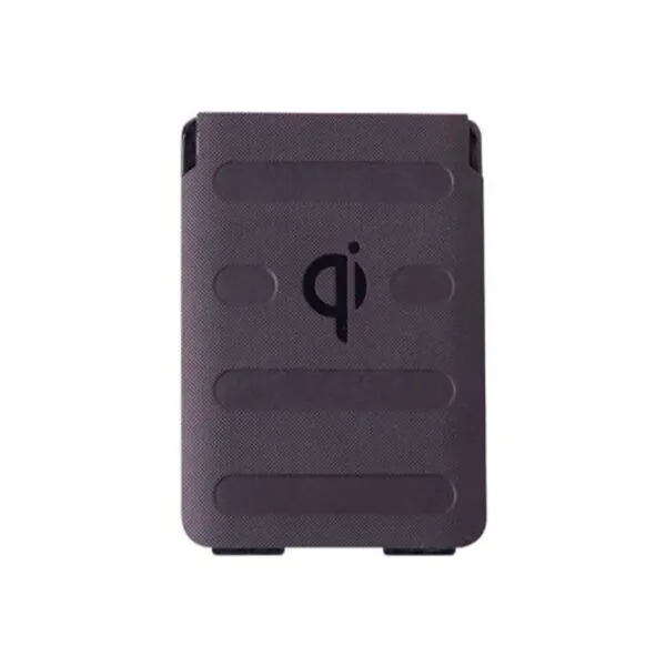 Carregador portátil Qi, compacto e prático para dispositivos móveis.
