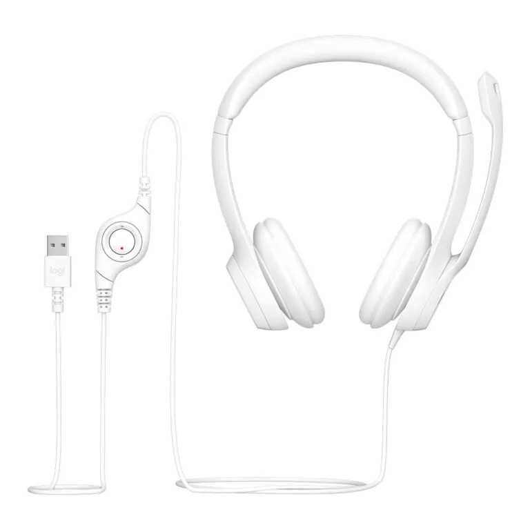 Fones de ouvido USB brancos, com microfone integrado e design confortável.