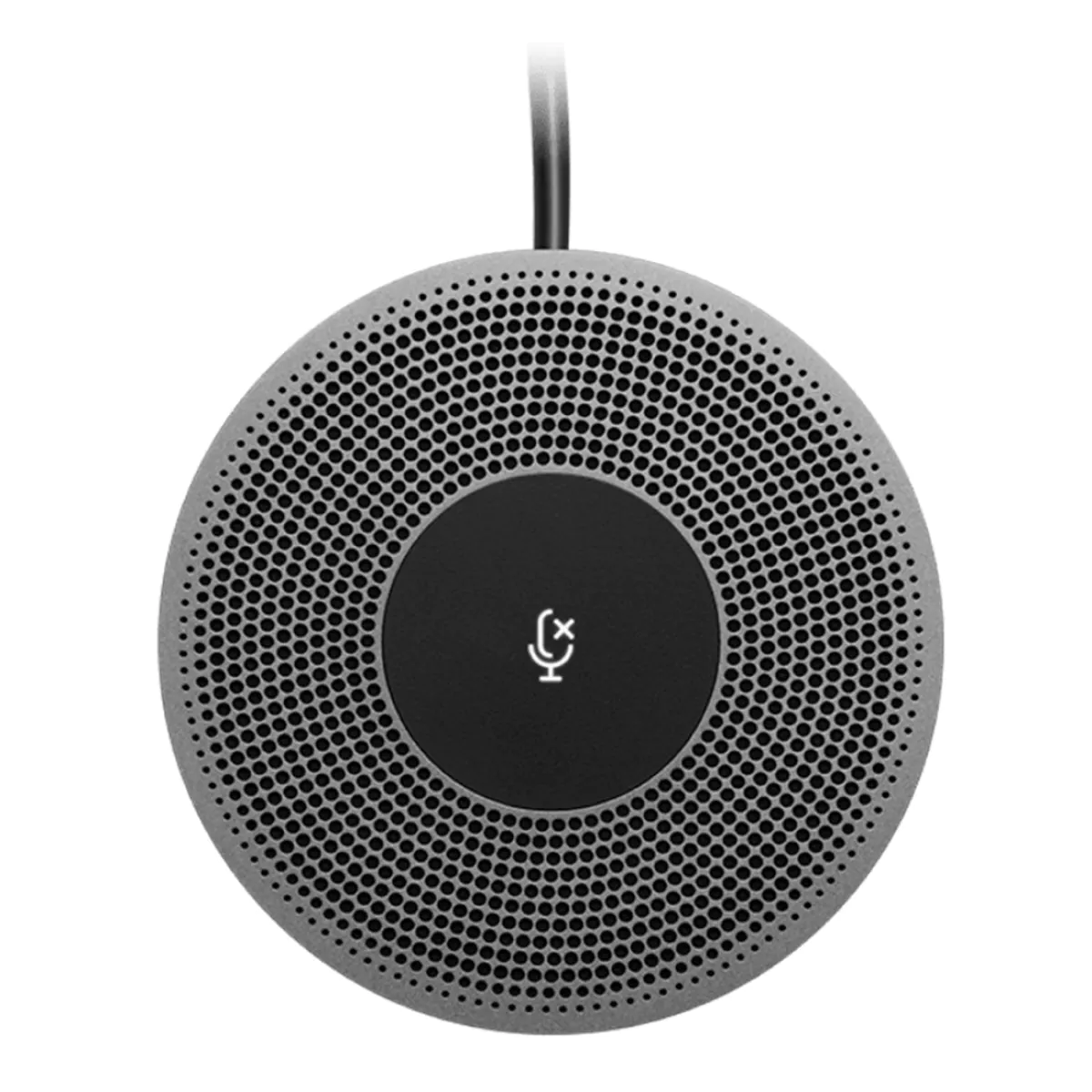 Microfone de mesa Logitech, design circular com grade de proteção.