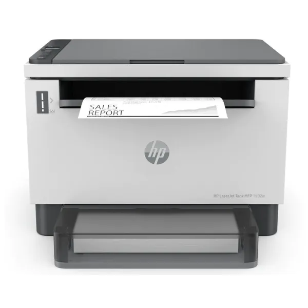 Impressora multifuncional HP com papel saindo da bandeja.