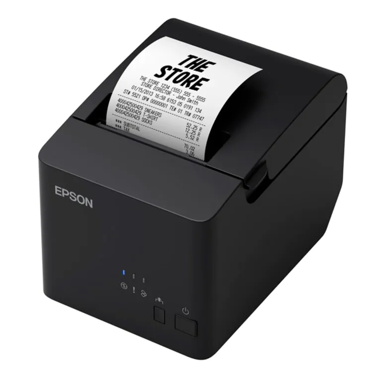 Impressora de recibos Epson, modelo compacta, com papel visível saindo.