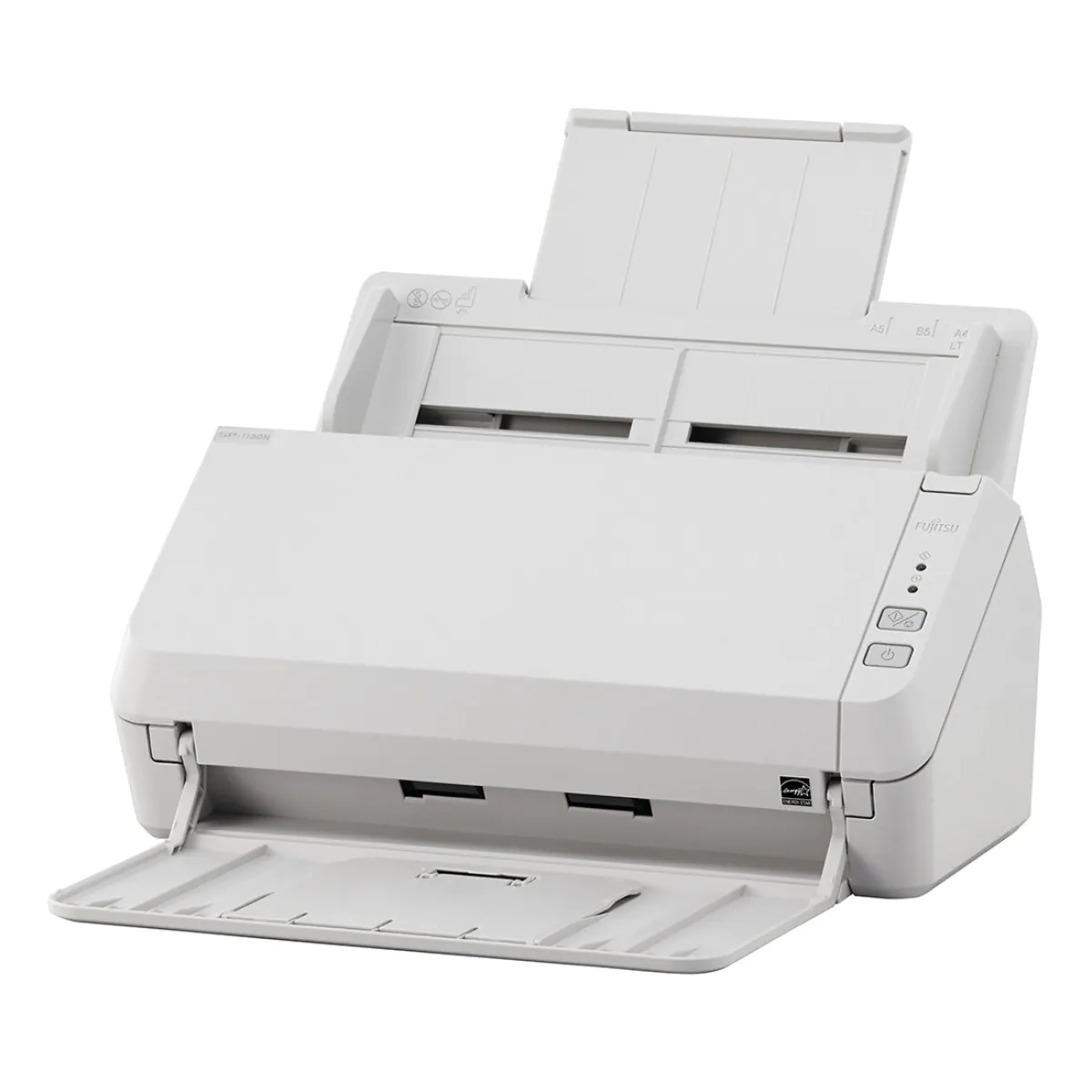 Scanner Fujitsu ScanSnap com design compacto e alimentador automático.