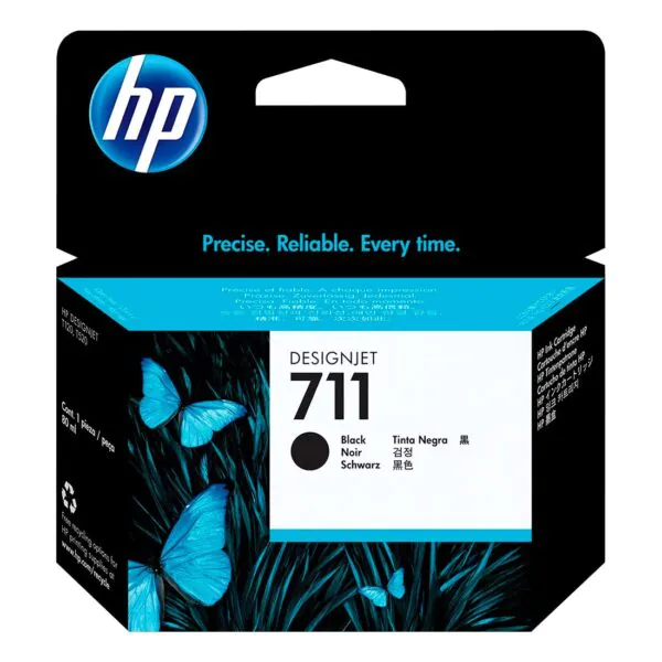 Cartucho de tinta HP 711, preto, embalagem com design colorido.