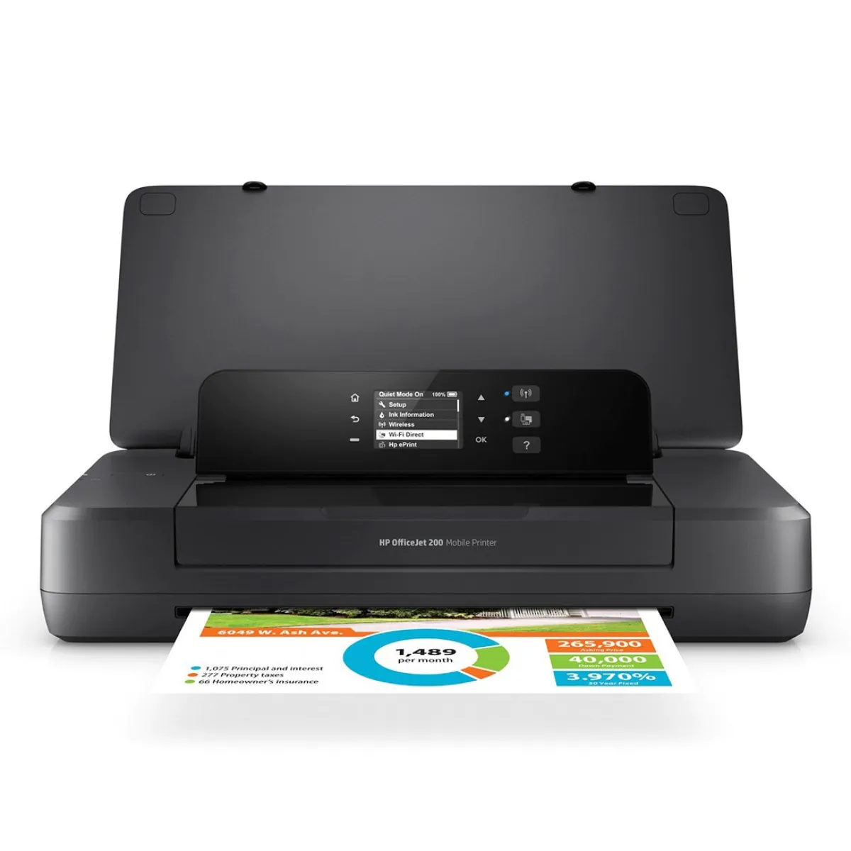 Impressora portátil HP com painel de controle e impressão colorida.