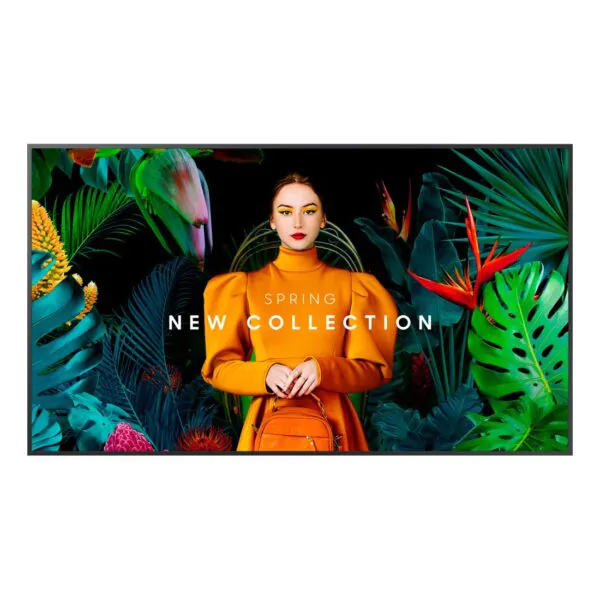 Modelo com roupas vibrantes e fundo tropical, promovendo a nova coleção.