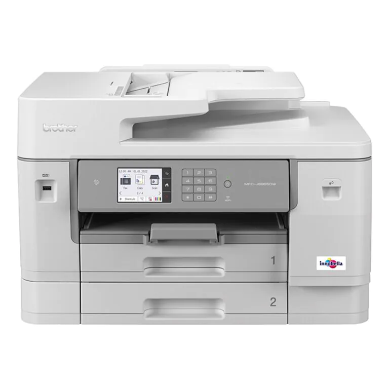 Impressora multifuncional Canon com visor e bandejas para papel.