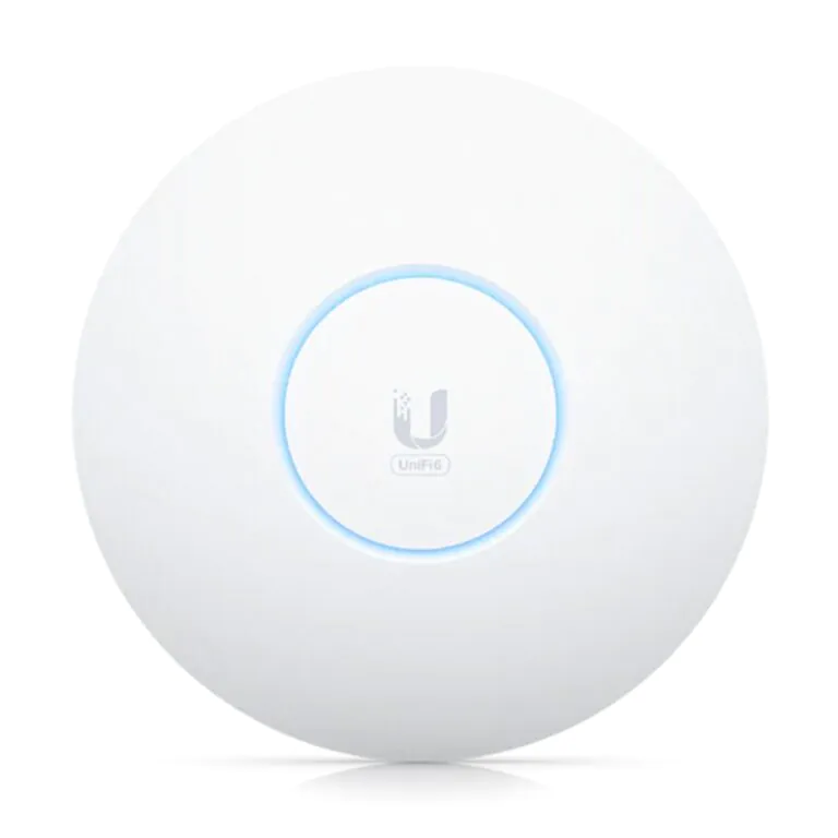 Access Point Ubiquiti, design circular, LED azul, conexão Wi-Fi.