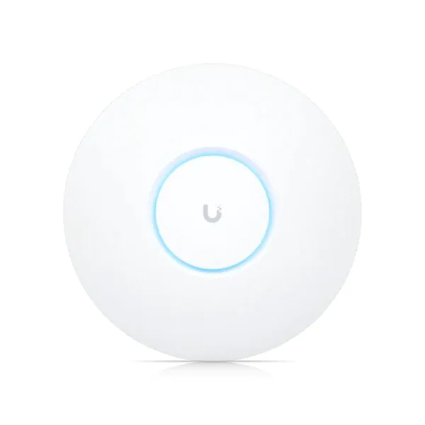 Ponto de acesso Ubiquiti UniFi, design circular com luz azul.