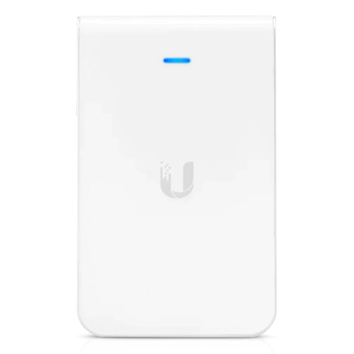 Ponto de acesso Ubiquiti, design compacto e elegante, luz azul indicativa.