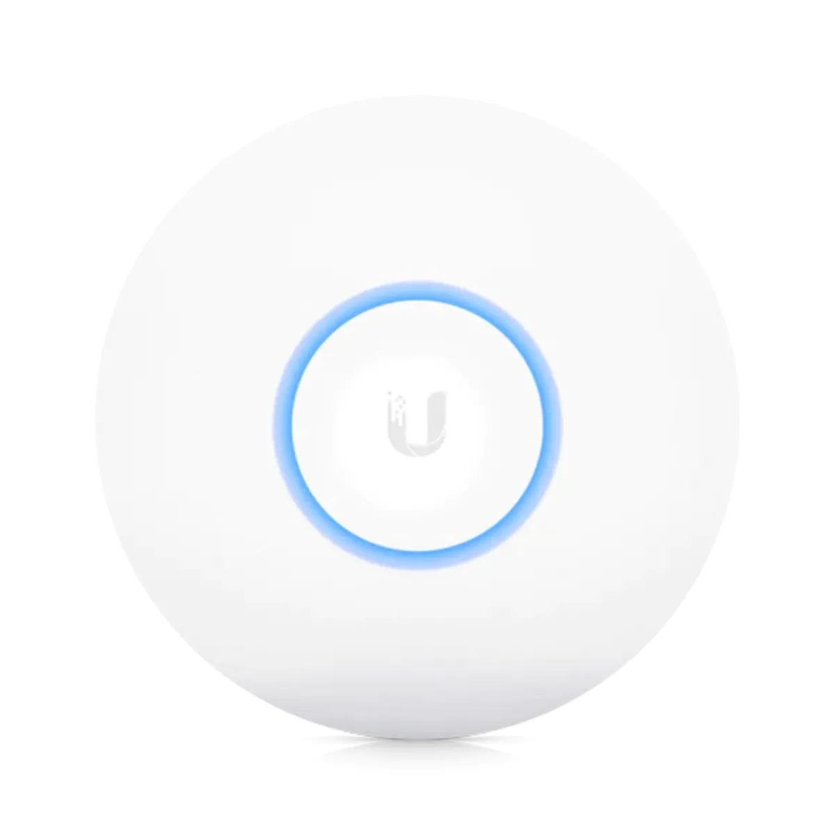 Ponto de acesso UniFi, design circular com luz azul.