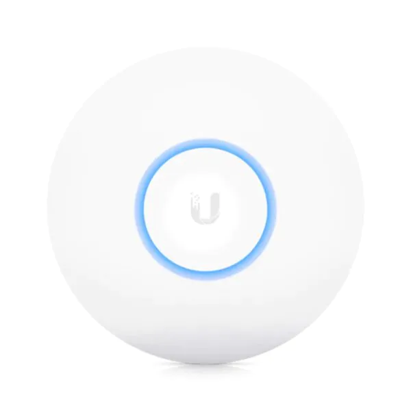 Ponto de acesso UniFi, design circular com luz azul.