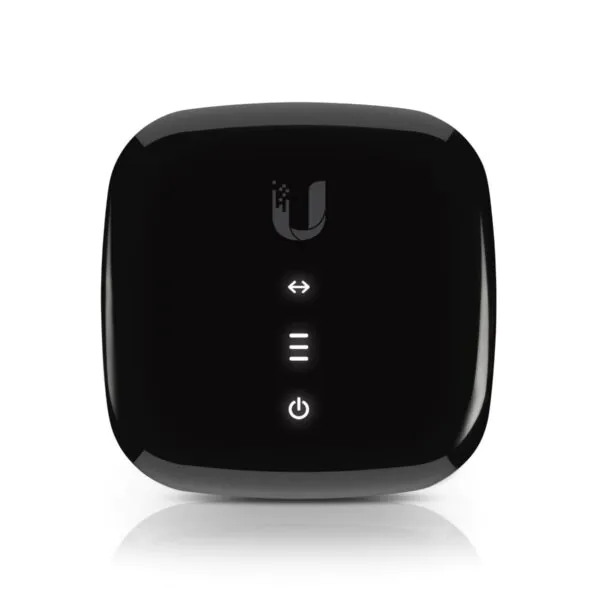 Roteador Ubiquiti com LEDs indicadores de status, design compacto e moderno.